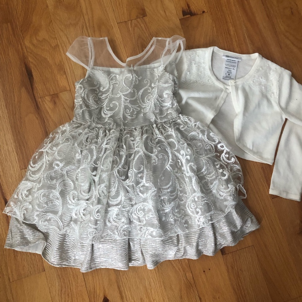 Girls fancy gold, lace, formal dress with cardigan